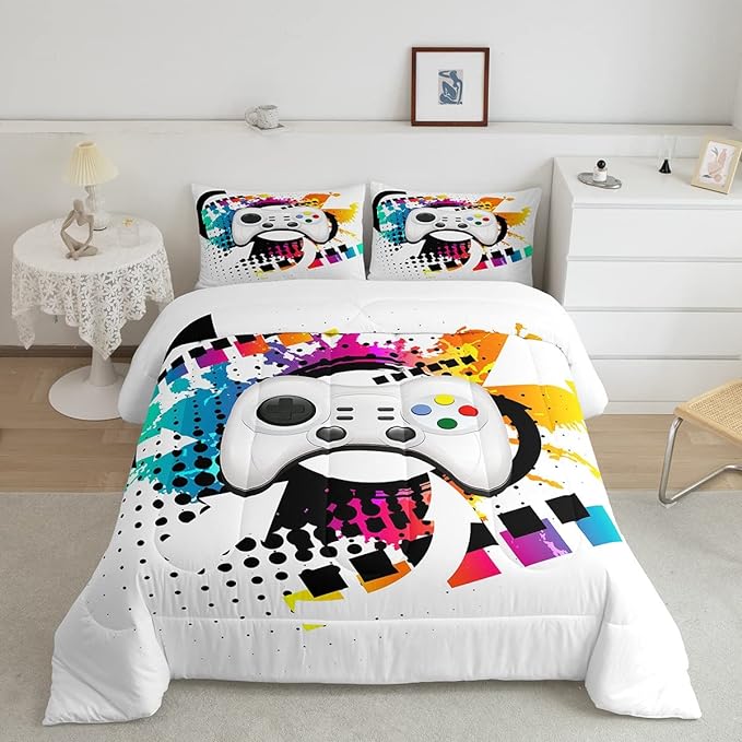 Kids Gaming Comforter Set King Gamer Bedding Set, Modern Console Game Controller Duvet Set for Boys Girls Teens, White Gamepad Quilt Set, Tie Dye Colorful Comforter Set Grey White Soft Bedding Set