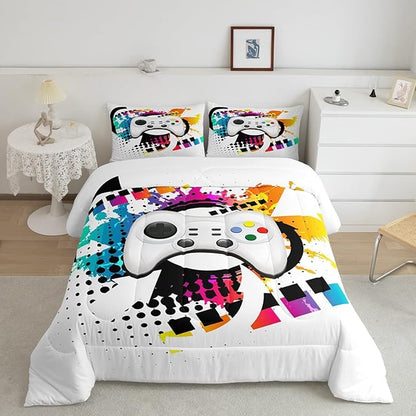 Kids Gaming Comforter Set Full Gamer Bedding Set, Modern Console Game Controller Duvet Set For Boys Girls Teens, White Gamepad Quilt Set, Tie Dye Colorful Comforter Set Grey White Soft Bedding Set