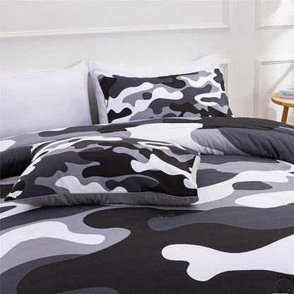 Meeting Story Camouflage Bedding Set, Colorful Pattern Style Comforter Set, 5 PCS One Comforter Two Pillowcases Two Sheets in One Bag, All Season Bedspread for Teens Adults (Grey,Queen5pcs