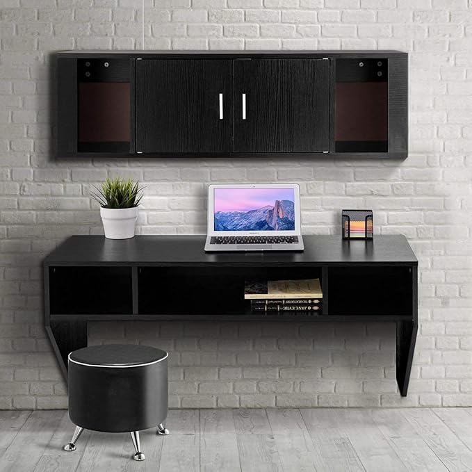 Computer Floating, Home Office Working, 42.5” Laptop Table Writing w/Storage Shelves, Modern Console Media Cabinet Wall Mounted Desk Hutch, Black