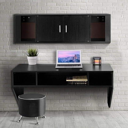 Computer Floating, Home Office Working, 42.5” Laptop Table Writing w/Storage Shelves, Modern Console Media Cabinet Wall Mounted Desk Hutch, Black
