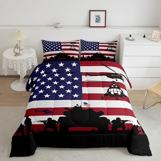 American Flag Comforter Set for Girls Kids Boys Men Soldier Rifle Helicopter Tank Bedding Set Red Blue Stars Stripes USA Flag Comforter Room Decor Army Guns Military Down Comforter King Size Boys