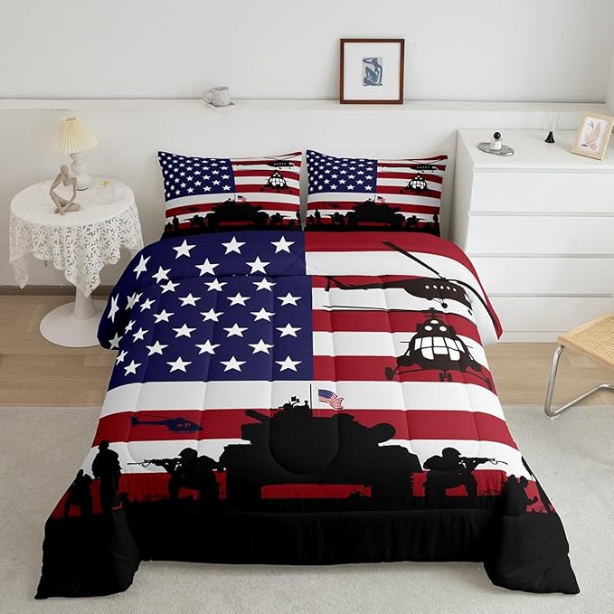 American Flag Comforter Set Soldier Rifle Helicopter Tank Bedding Set Red Blue Stars Stripes USA Flag Comforter Room Decor Army Guns Military Down Comforter Full Size