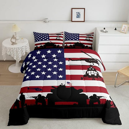 American Flag Comforter Set Soldier Rifle Helicopter Tank Bedding Set Red Blue Stars Stripes USA Flag Comforter Room Decor Army Guns Military Down Comforter Full Size