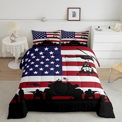 Feelyou American Flag Comforter Set for Girls Kids Boys Men Soldier Rifle Helicopter Tank Bedding Set Red Blue Stars Stripes USA Flag Comforter Room Decor Army Guns Military Down Comforter Queen Size
