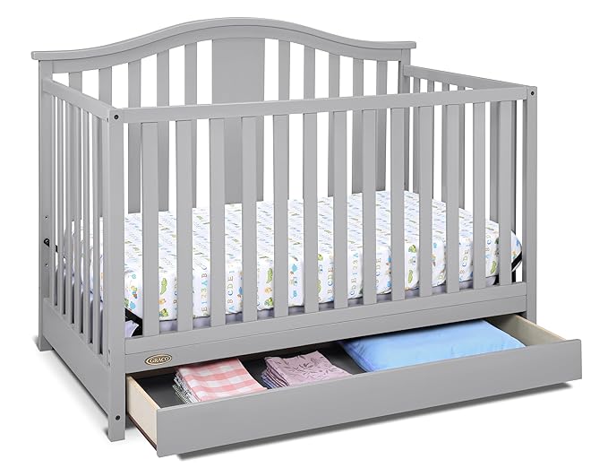 Graco Solano 4-in-1 Convertible Crib with Drawer (Pebble Gray) – GREENGUARD Gold Certified, Crib with Drawer Combo, Includes Full-Size Nursery Storage Drawer, Converts to Toddler Bed and Full-Size Bed