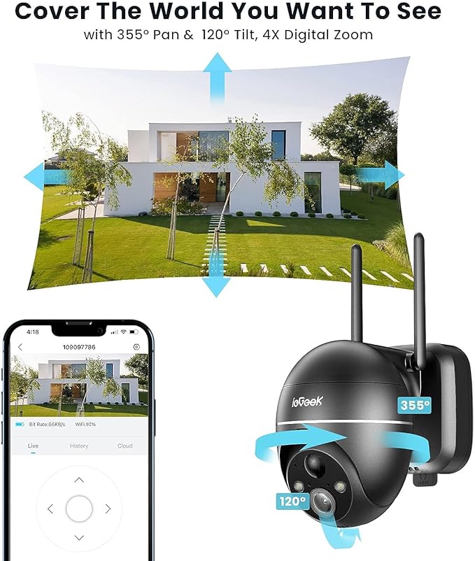 ieGeek 5MP Security Cameras Wireless Outdoor, Solar Outdoor Security Cameras System 360° PTZ with Spotlight & Siren, 2.4Ghz Outdoor Cameras for Home Security,Color Night Vision, Compatible with Alexa