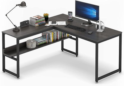 L Shaped Desk, Office Computer Corner Desk, 55 inch Home Gaming Desk Table, Writing Study Workstation with Storage Shelves for Home Office, Space-Saving, Industrial, Espresso