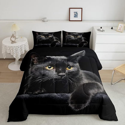 Cat Comforter Bedding Set King for Girls Kids,Black Cat Lying On The Black Sofa Pattern Printed Bedding Set,Black Comforter Set,Pet Animal Comforter Soft Breathable Quilt with 2 Pillowcases