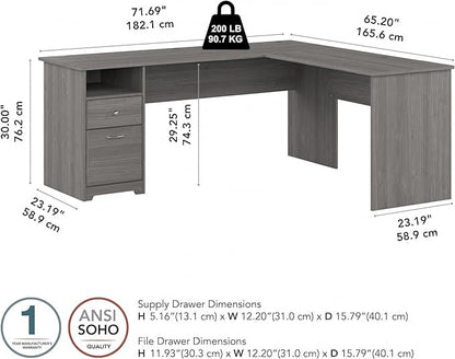 Bush Furniture L Shaped Desk with Drawers for Executive and Home Office | Cabot Collection Corner Table with Storage and Chrome Hardware Return, 72W, Modern Gray