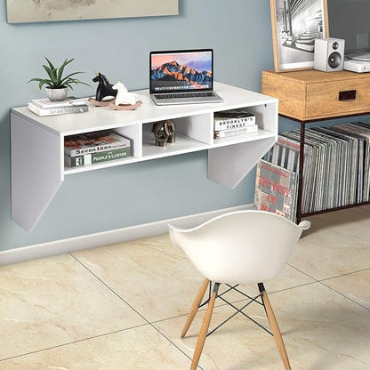Computer Floating, Home Office Working, 42.5” Laptop Table Writing w/Storage Shelves, Modern Console Media Cabinet Wall Mounted Desk Hutch, White