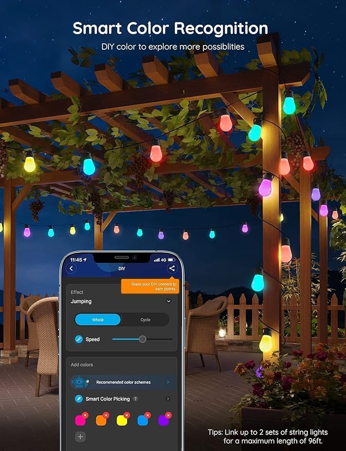 Govee Smart Outdoor String Lights H7020, RGBIC Warm White 48ft LED Bulbs for Outdoor Decor, WiFi Patio Lights Work with Alexa, Google Assistant, APP Control, IP65 Waterproof