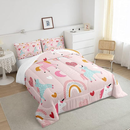 Feelyou Girls Unicorn Comforter Set Full Size Kids Cute Pink Rainbow Horse Decor Comforter for Unicorn Lover Daughter Bedding Set Boho Star Moon Duvet Set (1 Comforter + 2 Pillowcases, Full)