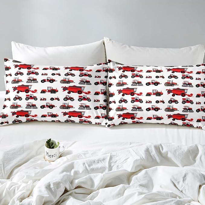 Erosebridal Red Tractor Comforter Set King Size Heavy Equipment Truck Down Comforter Kids Boys Girls Teens Harvester Tractor Bedding Set Construction Excavator Farm Equipment Quilt Set