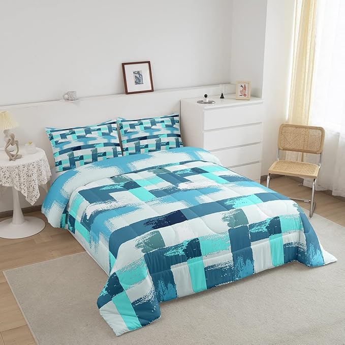Teal Comforter Set Full Size Turquoise Comforter Blue Grey Grunge Ombre Bedding Set for Kids Boys Girls Adults Bedroom Decor Watercolor Abstract Contemporary Quilt Duvet Insert with 2 Pillowcases