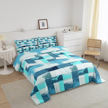 Teal Comforter Set Full Size Turquoise Comforter Blue Grey Grunge Ombre Bedding Set for Kids Boys Girls Adults Bedroom Decor Watercolor Abstract Contemporary Quilt Duvet Insert with 2 Pillowcases