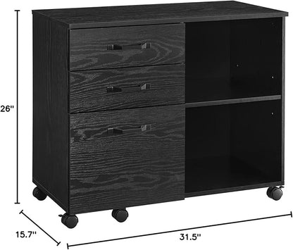 VASAGLE Lateral File Cabinet, Home Office Printer Stand, with 3 Drawers and Open Storage Shelves, for A4, Letter-Size Documents, Black with Wood Grain