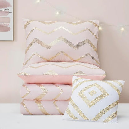 Codi King Size Bedding Sets Pink - Metallic Print Blush Comforter Set - 4 Piece includes 1 Rose Gold Comforter, 1 Decorative Pillow, 2 Pillow Cases - All Seasons Warm