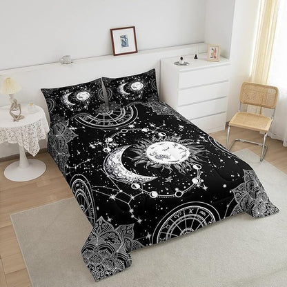 Sun and Moon Bedding Set Constellation Galaxy Comforter for Kids Boys Girls Teens Psychedelic Boho Mandala Comforter Breathable Celestial Duvet Set Black White Room Decor Quilt Cover Twin Size