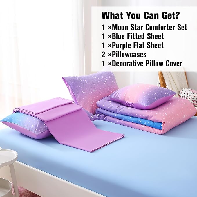 JQinHome Full Girls Comforter Set,6 Piece Bed in A Bag 3D Purple Orange Glitter Bedding Set -All Season Microfiber Rainbow Bedding Sets for Girls Women