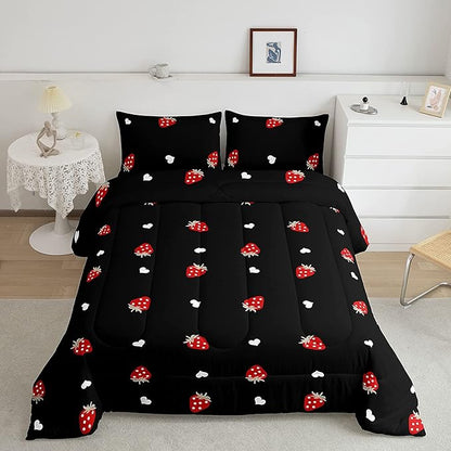 Kawaii Bedding Strawberry Comforter Set King Size Strawberry Decor Down Comforter Red Strawberry Bedding Set Cute Fruits Theme Sweet Strawberry Quilt Set Soft Reversible with 2 Pillowcases, Red Black