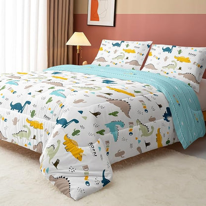 Datura home Dinosaur Comforter Set White Kawaii Dinosaur Printed Quilt Bedding Set with 1 Comforter and 2 Pillowcases for Boys and Girls Bedroom All Season(White Dinosaur Twin)