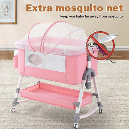4 in 1 Baby Bassinet, Rocking Bassinets Bedside Sleeper with Comfy Mattress and Wheels, Height Adjustable Easy Folding Portable Bedside Crib for Newborn Infant,Pink