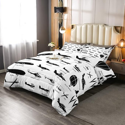 Erosebridal Airplane Comforter Set Twin,Black White Airplanes Bedding Set Space Rocket Aircraft Down Comforter for Boys Kids Teens Room Decor,Helicopter Biplane Quilt Duvet Sets with 1 Pillow Case