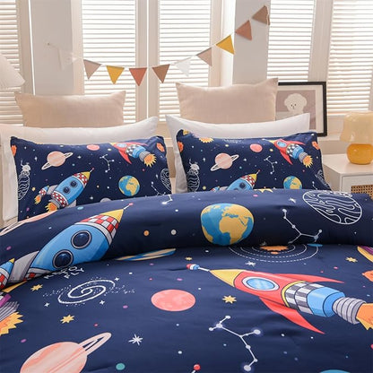 Aimuan Space Bedding Set Kid Rocket Comforter Set Full Size Super Soft & Cute Aliens UFO Printed Quilt Set for Teen Boys Girls (Navy, Full)