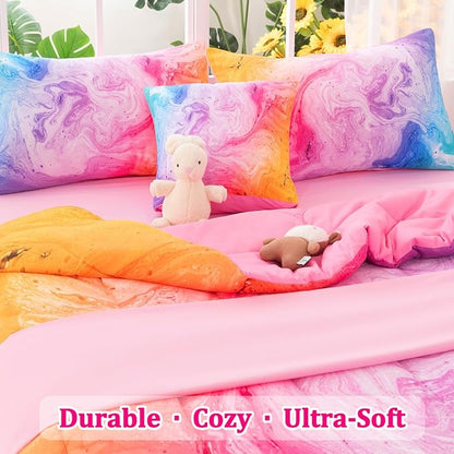 Girls Full Bedding Sets, 6 Pcs Pink Full Szie Comforter Set with Sheets, Watercolor Marble Abstract Art Superior Bedding Set for Girls Kids