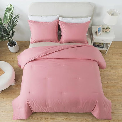 Queen Pink Comforter Set, Blush Women Girls Pink Skin-Friendly Boho Bedding Set & Collections, Breathable Fluffy Microfiber 3 PCS (90"x90") Comforter Set for All Seasons with Pillowcases