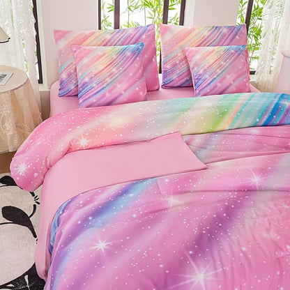 Full Size Bedding Sets Kids Bedding Sets for Girls,Galaxy Bedding 7pieces Glitter Pink Comforter, Colorful Comforter Full Size Comforter Sets for Teen Girls