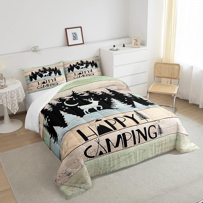 Kids Happy Camping Comforter Set King,Cute Deer Camper Bedding Set Rustic Farmhouse Woodland Animal Comforter for Boys Girls Old Barn Door Quilted Duvet Star Moon Pine Tree Decor 3 Pcs Black Green