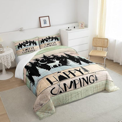 Kids Happy Camping Comforter Set King,Cute Deer Camper Bedding Set Rustic Farmhouse Woodland Animal Comforter for Boys Girls Old Barn Door Quilted Duvet Star Moon Pine Tree Decor 3 Pcs Black Green