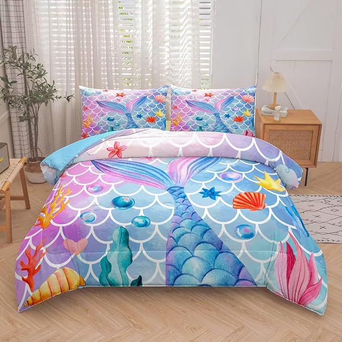 NINENINE Mermaid Bedding Sets,Girls Comforter Sets Queen, Princess Bedding Queen,Mermaid Comforter Ocean Fish Scales Bedding Sets with 1 Comforter 2Pillowcases