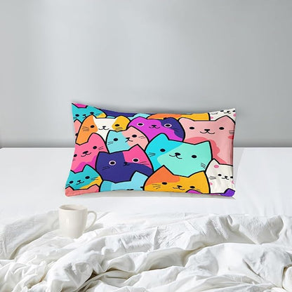 Cat Comforter Set Twin - Twin Size Comforter Set for Girls Cat Kids Cute Cat Bedding Twin Colorful Cartoon Cat Theme Bedding Sets, 1 Comforter+1 Pillowcase