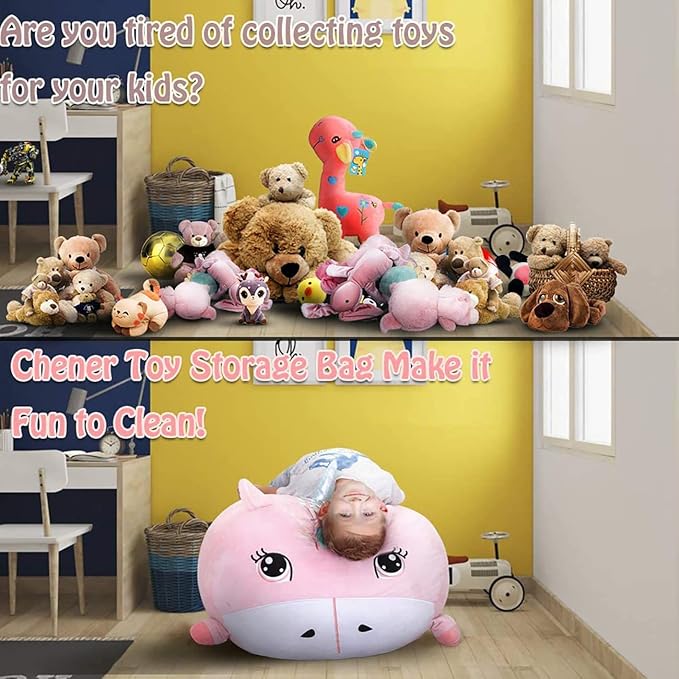 Girls Unicorn Bean Bag Chair Pink, Stuffed Animal Storage Organizer for Kids Room Decor, Extra Large Size, Velvet Super Soft Cover Only