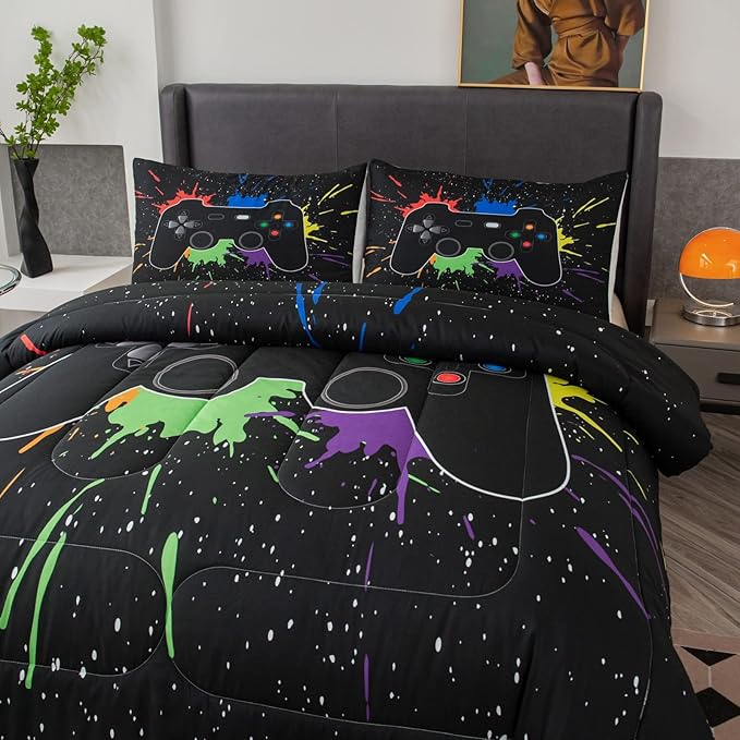 Game Console Comforter Set for Boys 3D Gaming Lightweight Microfiber Bedding Sets Black Gamer Printed Quilt Set Teens Room Decor