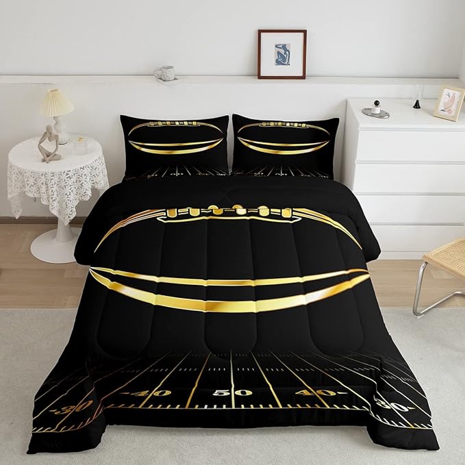 Feelyou Football Bedding Set Queen Kids Rugby Sports Comforter Set American Football Comforter Set for Boys Golden Black Room Decor Lightweight Quilt Set with 2 Pillow Case