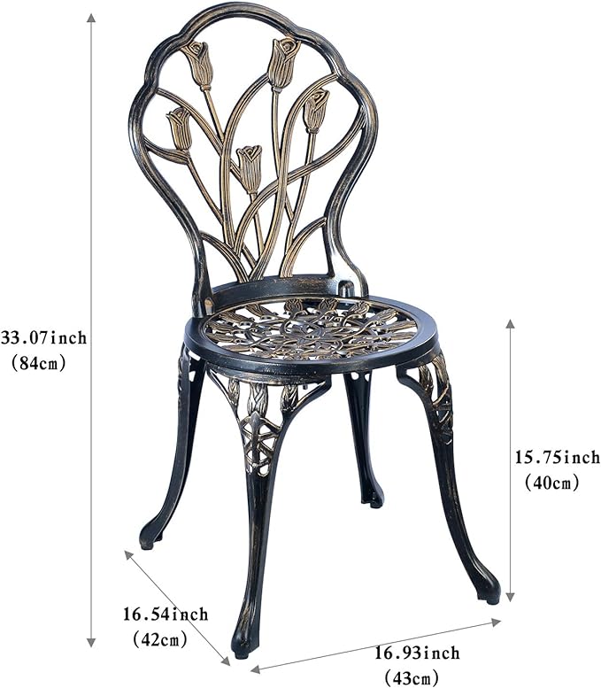 CG 3 Piece Bistro Set, Outdoor Patio Set, Anti-Rust Cast Aluminum Bistro Table Set for Park Yard Front Porch Furniture, Tulip, Antique Copper