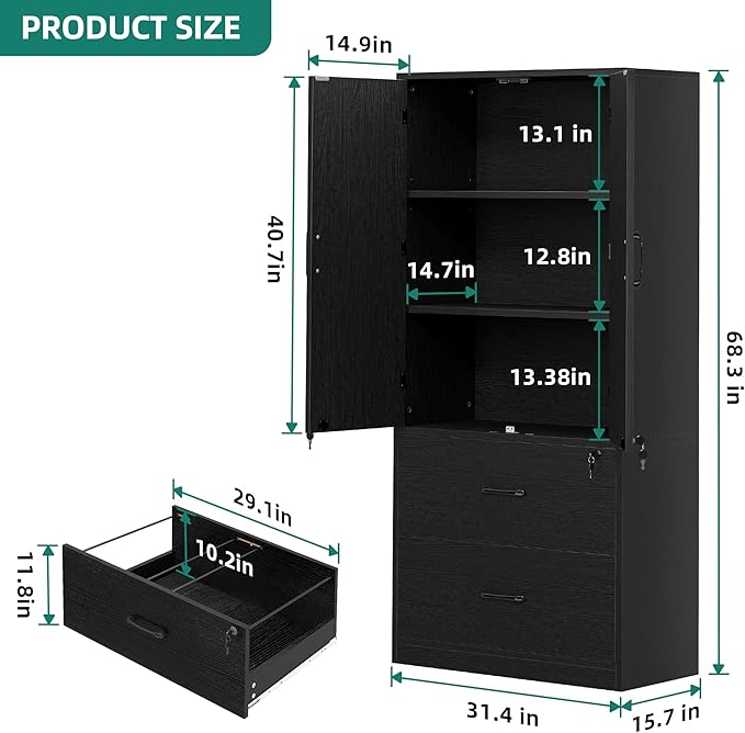 YITAHOME Wood File Cabinets, Heavy Duty Garage Tool Cabinets with Doors & Adjustable Shelves, Big Storage Filing Lockers for Home Office, Living Room, Pantry, Gym, Basement, Warehouse, Black
