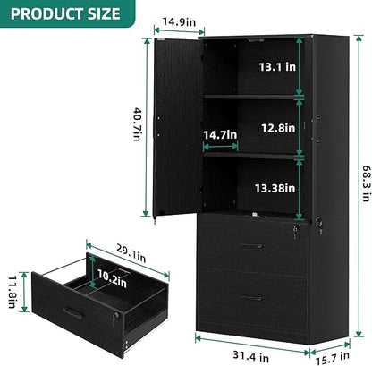 YITAHOME Wood File Cabinets, Heavy Duty Garage Tool Cabinets with Doors & Adjustable Shelves, Big Storage Filing Lockers for Home Office, Living Room, Pantry, Gym, Basement, Warehouse, Black