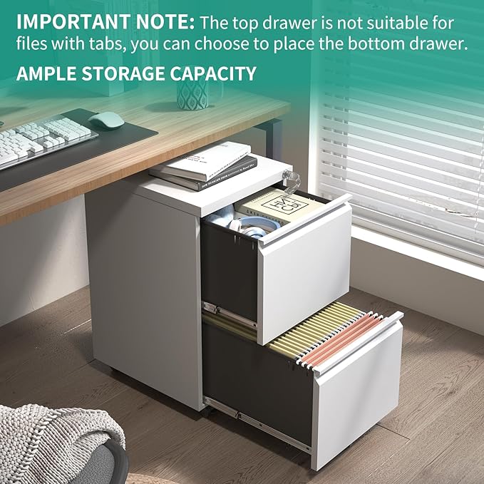 2 Drawer Mobile File Cabinet with Lock,Under Desk Metal Filing Cabinet for Home Office, Metal Small Rolling File Cabinet with 2 Keys for Legal/Letter/A4 Size Fully Assembled Except Wheels (White)