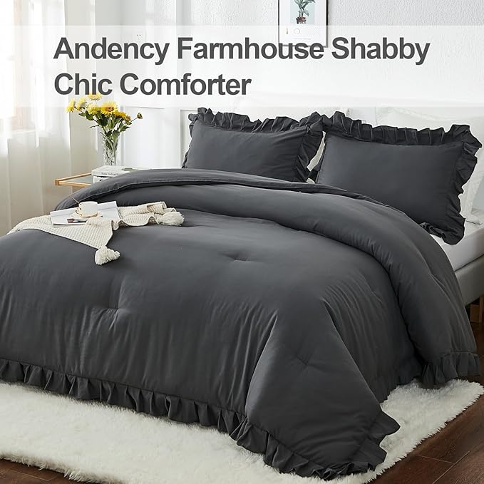 Andency Dark Gray Twin Size Comforter, 2 Pieces Kids All Season Ruffle Bed Comforter Set, Boho Lightweight Solid Farmhouse Shabby Chic Bedding Comforters & Sets (66x90Inch Comforter)