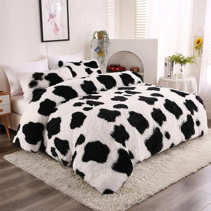 Faux Fur Kids Girls Cow Print Comforter Sets Queen - 3PC Bed Set Warm Comfortable Soft Plush Flannel Velvet Fluffy Fuzzy Bedding（Comforter x 1 Pillowcases x 2）