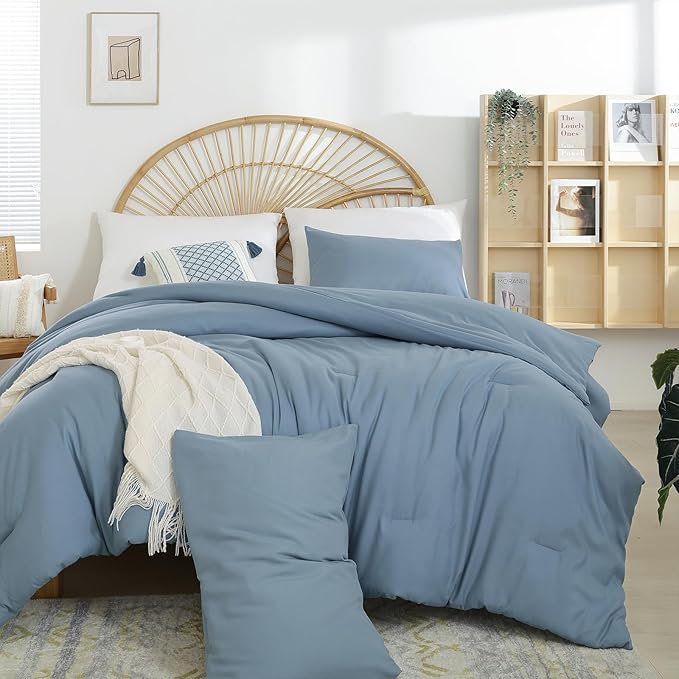 Grayish Blue Full Comforter Boho Dusty Blue 3PCS Microfiber Bed Comforter Sets for All Season Comforter for Men and Women Soft Lightweight Bed Comforter Set (1 Comforter, 2 Pillowcases)