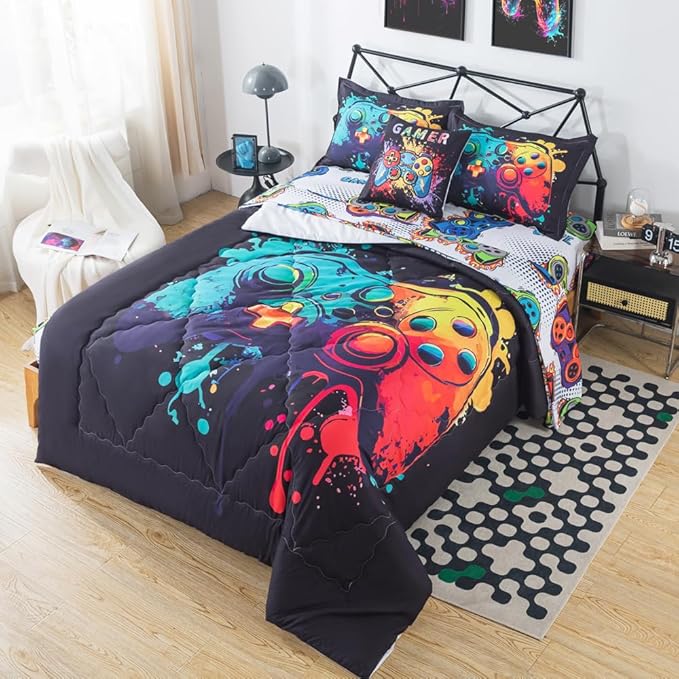 ADASMILE A & S Gamer Comforter Sets for Boys Teens 6 Pieces Gaming Bedding Set Twin Size Colorful Video Game Gaming Comforter for Kids Gamer Bed in A Bag Comforter with Gamer Sheets Home Decor