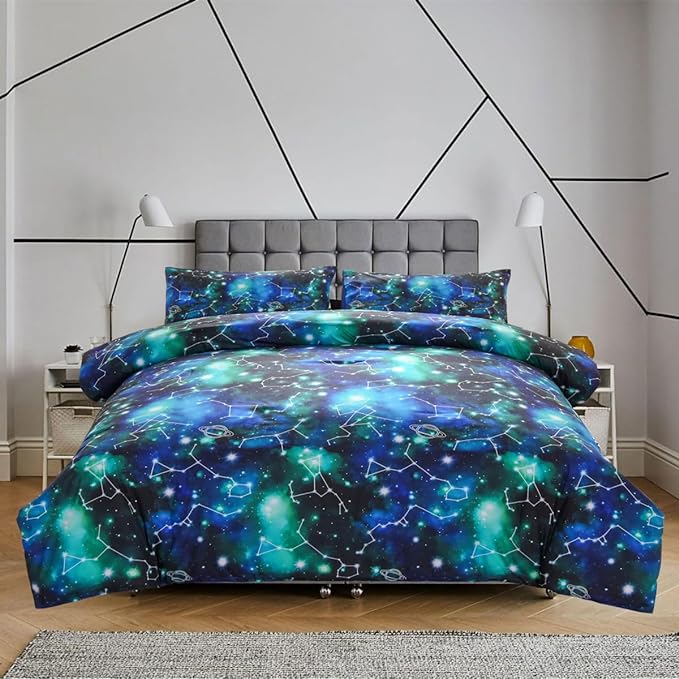 Holawakaka Tie Dye Constellation Print Ombre Comforter Set Full Size Girls Boys Gradient Galaxy Bedding Set (Black Green,Full)