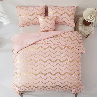 Pink Comforter Set Twin Size, Metallic Blush and Rose Gold Bedding Set, 3 Piece Lightweight Microfiber Comforter for Teen Girls Women (1 Pillow Sham + 1 Decorative Pillow Sham)