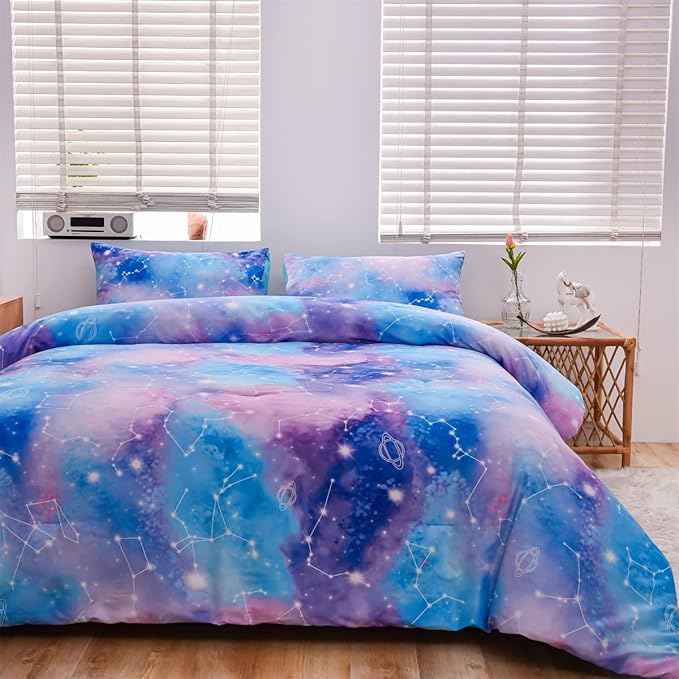 Holawakaka Tie Dye Constellation Print Ombre Comforter Set Queen Size Boys Girls Gradient Galaxy Bedding Set (Blue Purple, Queen)